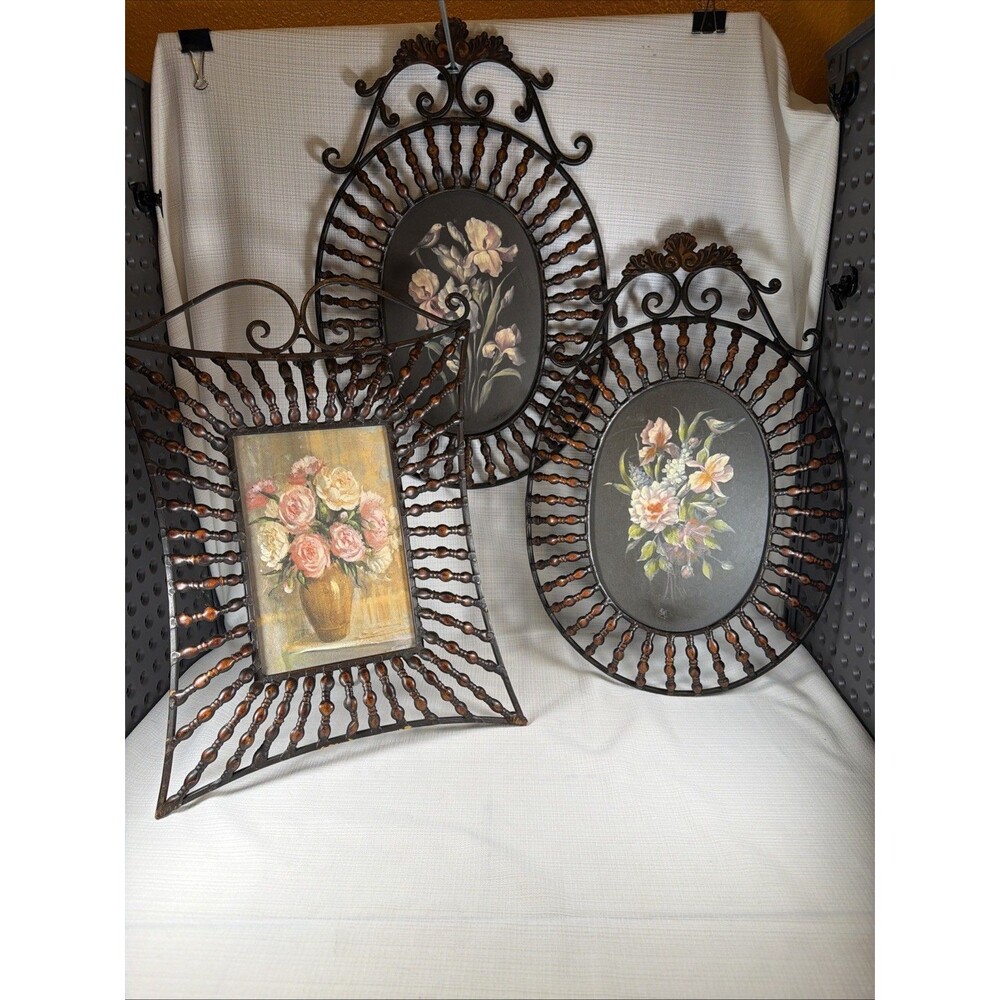 Vintage 3pc CBK Ltd Toleware Metal Floral Wall Plaques & Tabletop Frame Set